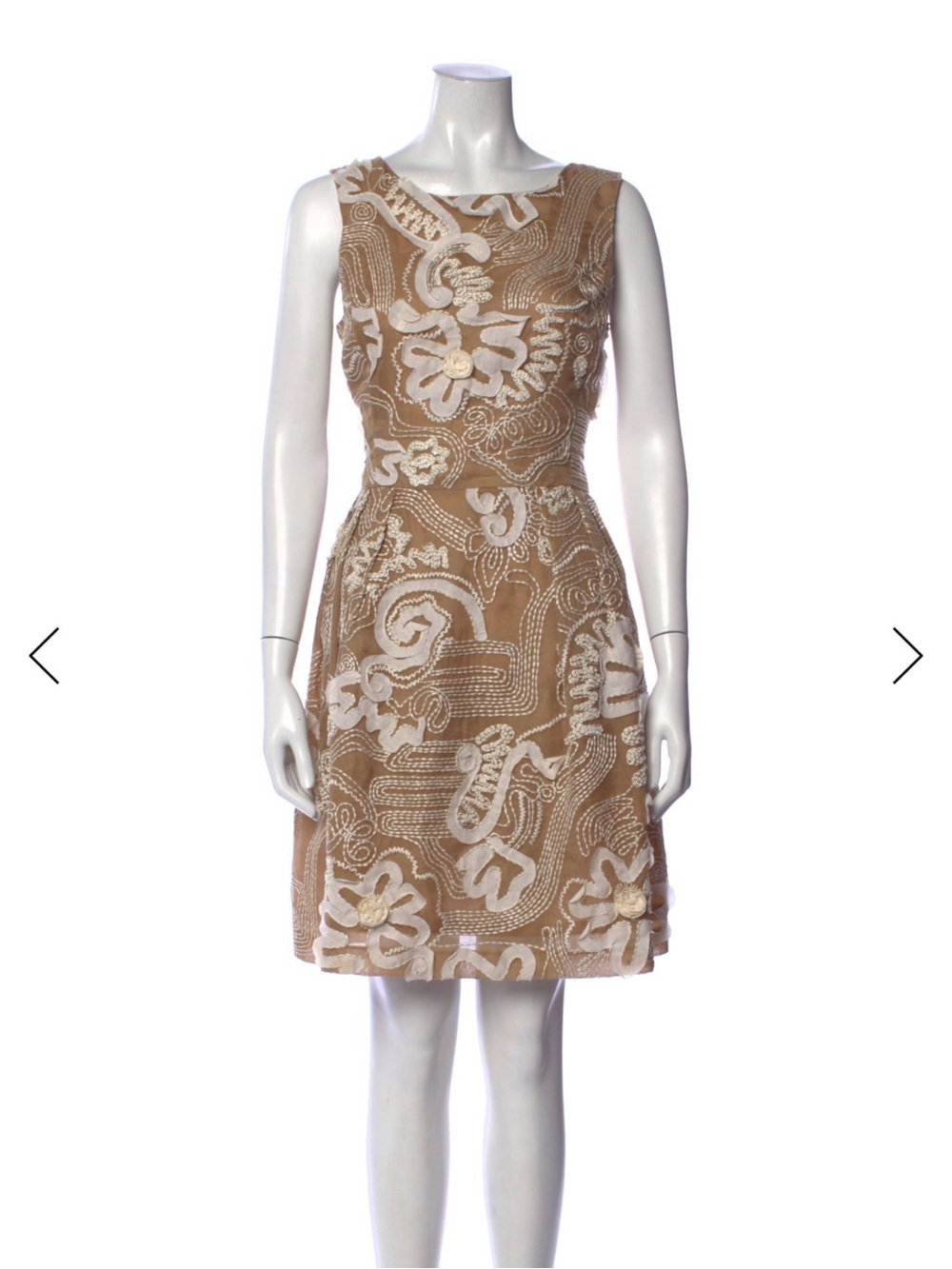 Oscar de la Renta Taupe Dress with Cream Floral Appliqué